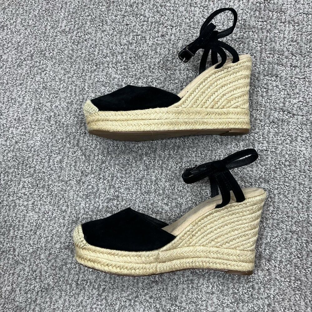 Crown Vintage Wedge Sandals Womens 7.5 Black Suede Espadrille Ankle Strap - Picture 7 of 9